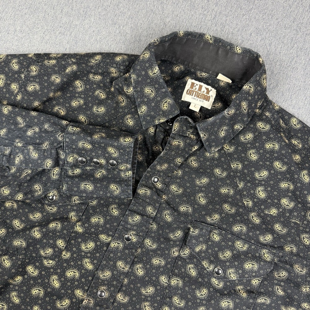 Ely Cattleman Western Shirt Mens L Black Paisley Cotton Pearl Snap Yokes Cowboy